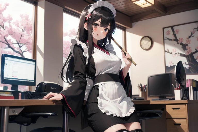 1girl, anime, black eyes, long black hair with square bangs, very long black hair, super long black hair, skirt and stockings, heels, black Japanese style kimono mixed with ribbed black sweater with red accents and sakura floral design, ((ribbed black sweater)) adult, (Japanese shrine/temple background), gamer, (((gamergirl))), (((office lady))), kimono sleeves, garter, graceful, (((maid uniform design))), broom, sweeping, cleaning, happy