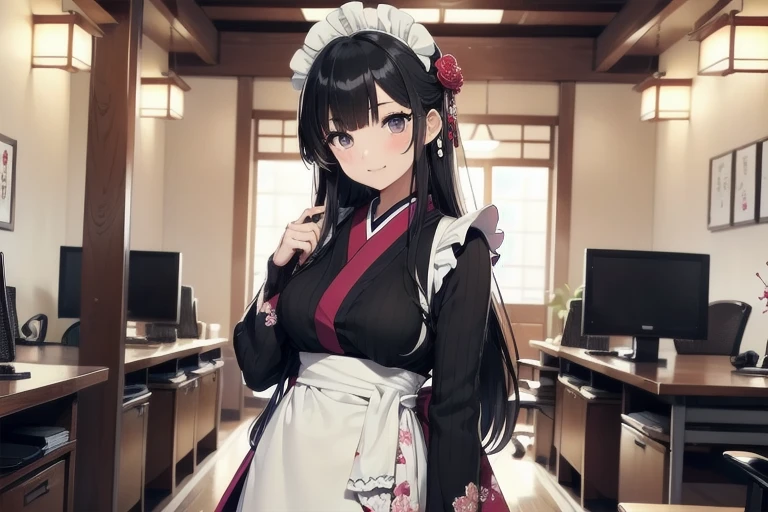 1girl, anime, black eyes, long black hair with square bangs, very long black hair, super long black hair, skirt and stockings, heels, black Japanese style kimono mixed with ribbed black sweater with red accents and sakura floral design, ((ribbed black sweater)) adult, (Japanese shrine/temple background), gamer, (((gamergirl))), (((office lady))), kimono sleeves, garter, graceful, (((maid uniform design))), broom, sweeping, cleaning, happy