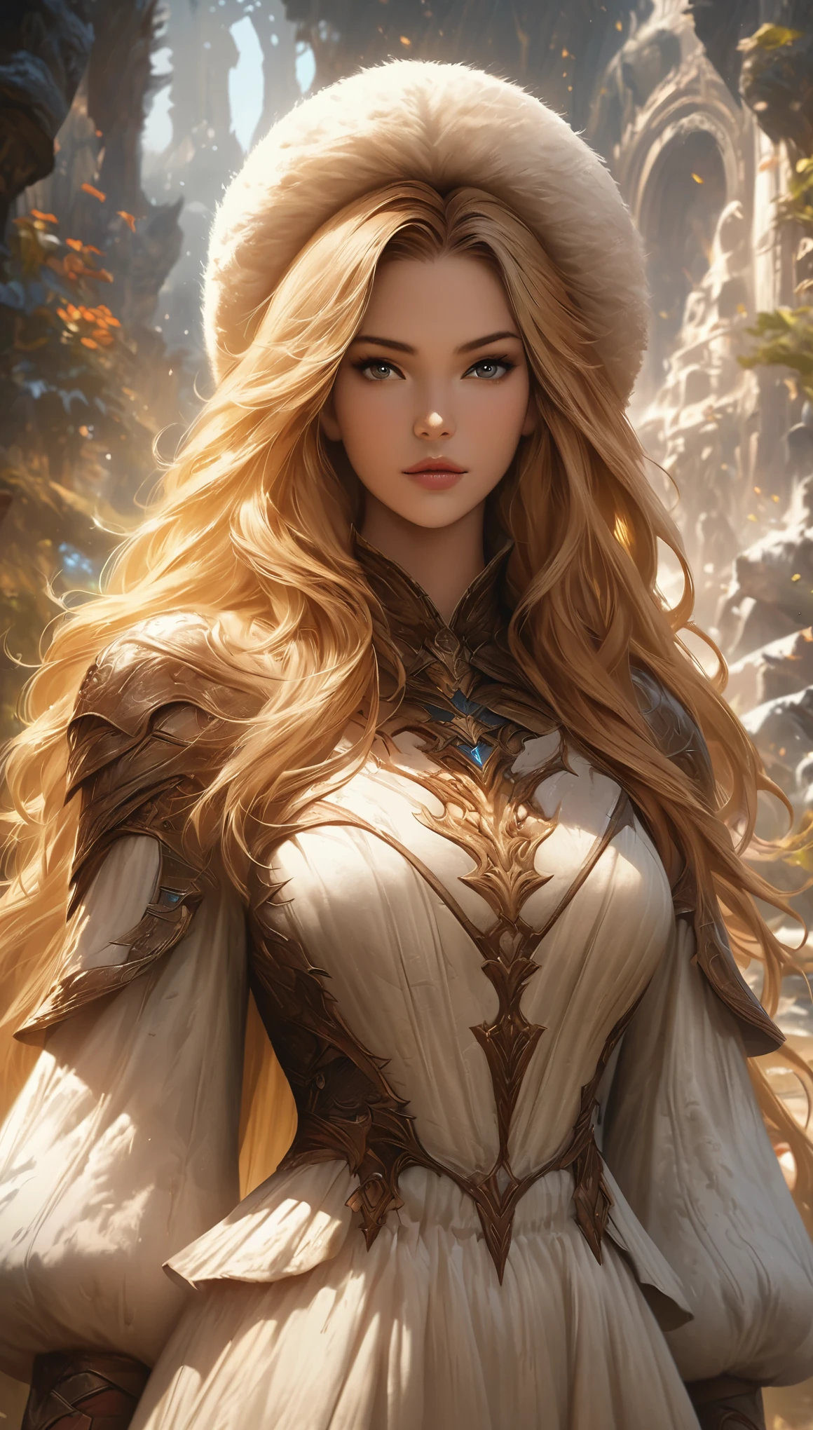 wearing fluffy clothing、Wearing a fluffy hat、Young woman with yellow hair, fantasy characters art, Great character art, Epic Fantasy Character Art, HD fantasy art, Epic and beautiful character art, realistic fantasy art, fantasy woman, Epic Fantasy Art Style HD, fantasy characters, digital fantasy art), fantasy style art, detailed fantasy art, High quality fantasy art, fantasy costumes, Digital 2D Fantasy Art