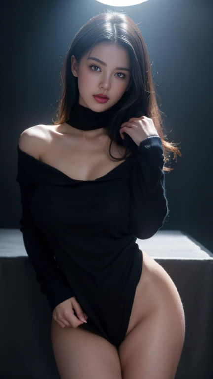 ultra high resolution, masterpiece, best quality, perfect glowing skin, perfect lighting, detailed lighting, dramatic shadows, Ray tracing, Black Sweater, looking at the audience, Off the shoulders, big breasts, Naked ditch, blue eyes, National Science Foundation, ((dark background)), Sexy face, Facial expressions when you are happy, Open mouse,