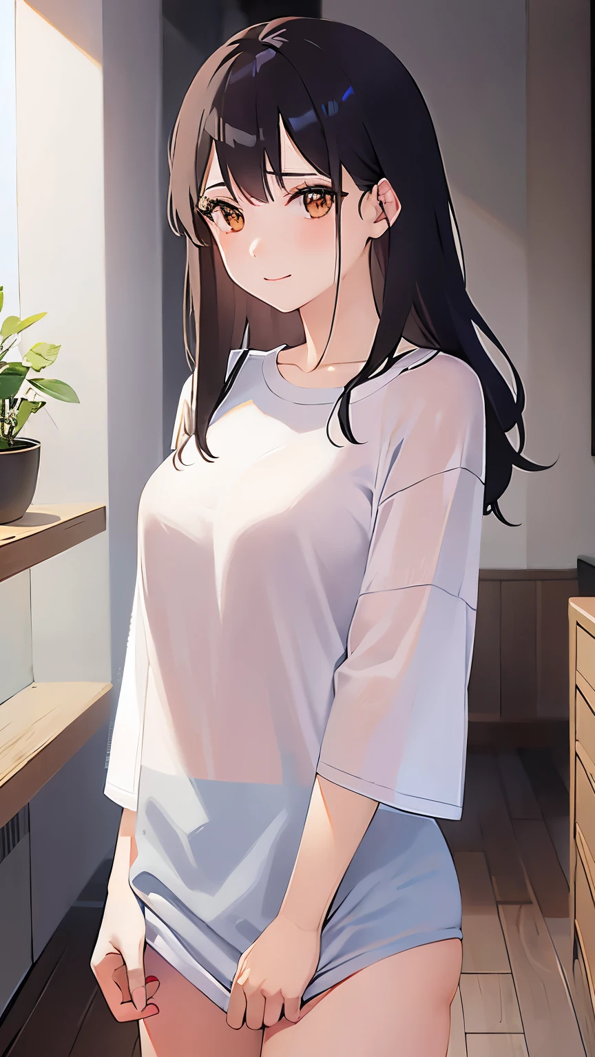 The whole body is shown、shirt tug、(shtug:1.5)、Realistic, real person, (pale skin: 1.2), RAW photo, photorealistic, portrait photography, shiny skin, japanese idol、shiny hair、(25 year old woman with medium hair with bangs) and (wavy hair) and (brown hair) and (orange eyes) , (plain white t-shirt :1.2) and (over size:1.2)、embarrassed、smile, , The background is the living room、Alone、Are standing