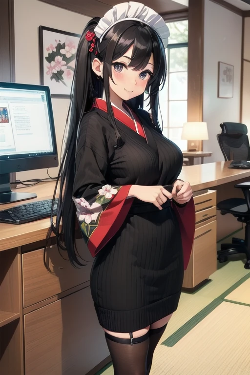 1girl, anime, black eyes, long black hair with square bangs, very long black hair, super long black hair, skirt and stockings, heels, black Japanese style kimono mixed with ribbed black sweater with red accents and sakura floral design, ((ribbed black sweater)) adult, (Japanese shrine/temple background), gamer, (((gamergirl))), (((office lady))), kimono sleeves, garter, graceful, (((maid uniform design))), broom, sweeping, cleaning, happy, feather duster