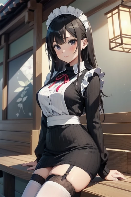 1girl, anime, black eyes, long black hair with square bangs, very long black hair, super long black hair, skirt and stockings, heels, black Japanese style kimono mixed with ribbed black sweater with red accents and sakura floral design, ((ribbed black sweater)) adult, (Japanese shrine/temple background), gamer, (((gamergirl))), (((office lady))), kimono sleeves, garter, graceful, (((maid uniform design))), broom, sweeping, cleaning, happy, feather duster