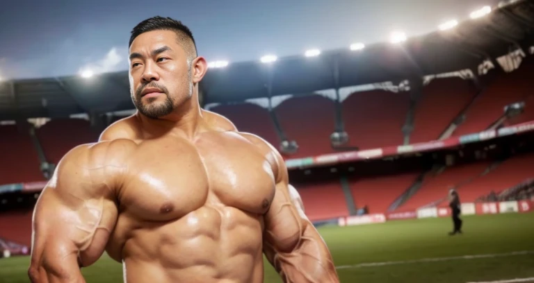 (at rugby ground:1.4), 40's, Japanese man, Chinese man, Korean man, Taiwanese man, manly face, fat face, (round face:1.4), (monolid eyes:1.2), (buzz cut:1.4), very large and strong body, bulky body, beefy muscles, (bulging muscles:1.4), (very large pectoral muscles:1.4), (muscular arms:1.4), muscular abs, muscular legs, muscular back, brightens oily skin, master piece, (realistic:1.4), panorama, distant view