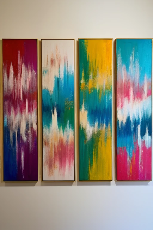colorful abstract paintings with vivid brush strokes align the wall