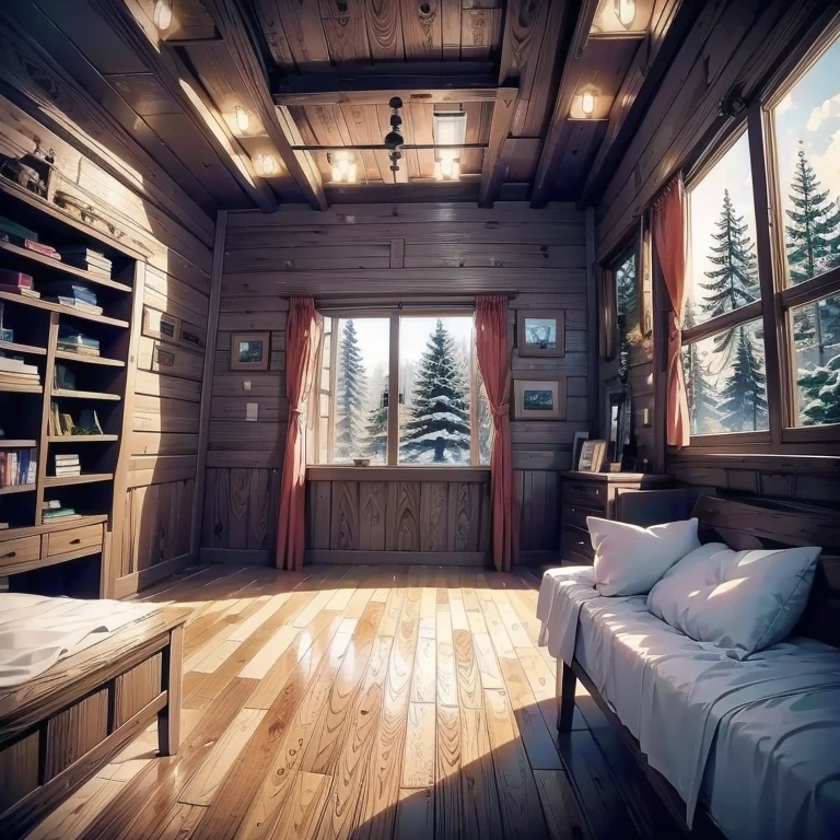 Ski lodge, cozy interior high ceiling anime style