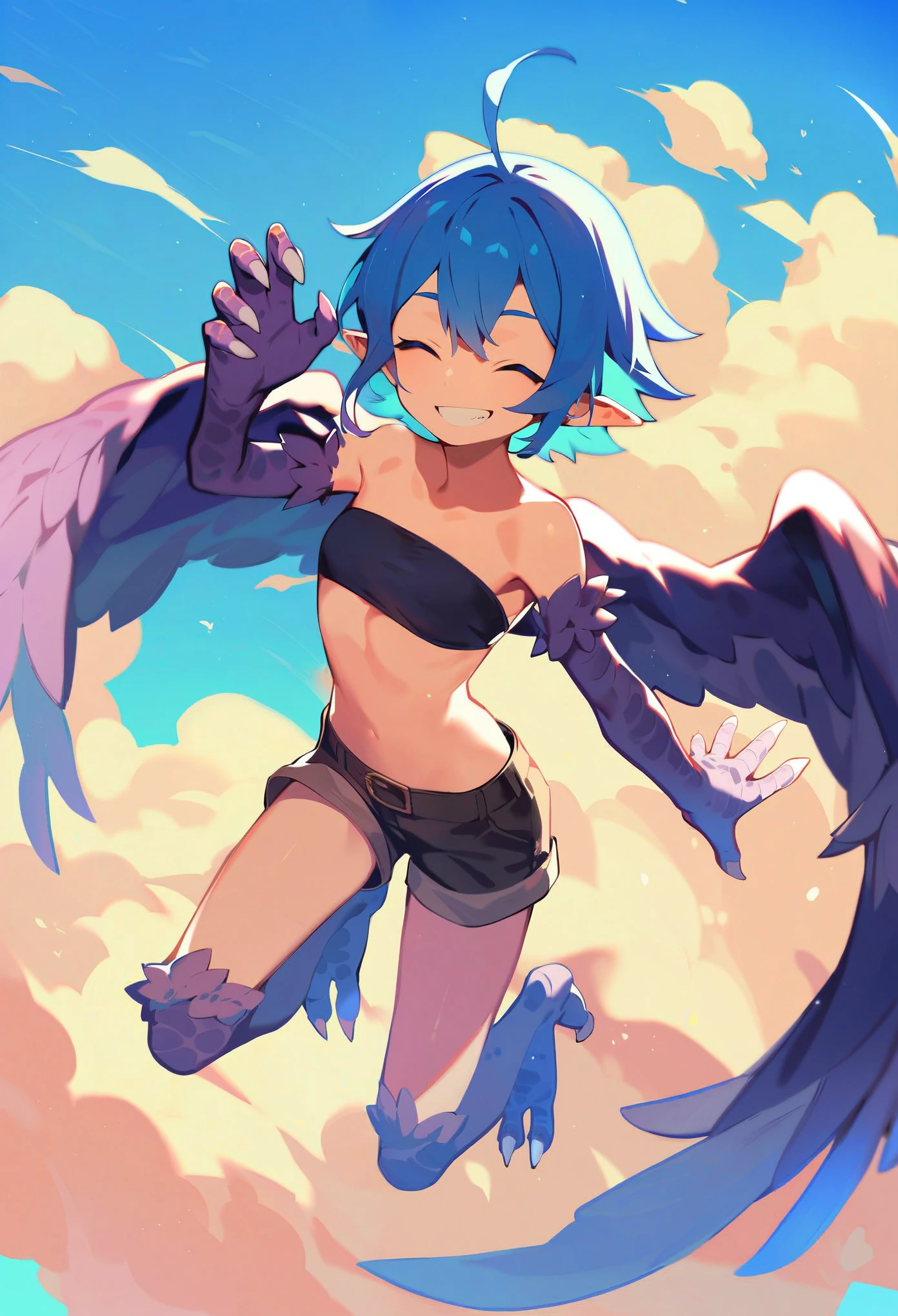 score_9, score_8_up, score_7_up, source_anime, solo, 1girl, mmpapi, monster girl, grin, flying, blue hair, ahoge, closed eyes, feathered wings, winged arms, talons, black tube top, bandeau, short shorts, blue sky, cloud