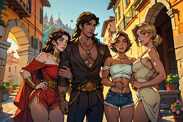 One handsome muscular huge short-hair Chad in shorts hugging three beautiful bitches snuggling him and touching him intimately, women dressed for exploring Italy looking very formal and classy and pretty showing skin with lots of color, perfect athletic bodies, women: long flowing hair and nice asses, incredible detail on textures, flowers in hair, seductive, materials, golden hour, , jewelry, golden hour, photorealistic, masterpiece, in love, grins, perfect faces, Flirtatious, setting: exploring an Italian villa, harem, big beautiful eyes, painterly style , adoration, harem