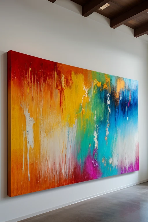 colorful abstract paintings with vivid brush strokes align the wall