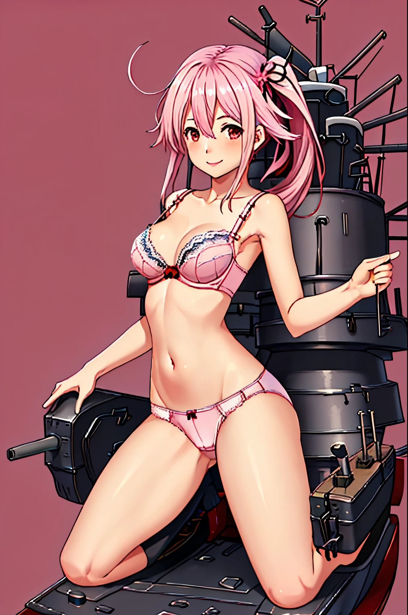 highest quality, masterpiece, High resolution, 1 girl, (KanColle)(harusame Kantai Collection:1.15), brown hair, red eyes,  smile, slender body, full body figure,pink hair, side ponytail, classroom background, slender body, full body figure, classroom background, slender body, full body figure, , (panties), (bra), squat, ((In underwear))