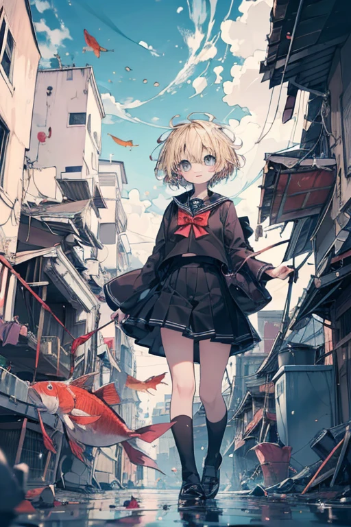 #Quality(8k,best quality,masterpiece,cinematic), #1girl(cute, kawaii,,skin color white,smile ,hair floating,hair color blond,short bob hair,eye color cosmic,big eyes,black sailor uniform,walking,view from below),#background(outside,messy slum,view from below,many carps swiming in the sky:1.8,)