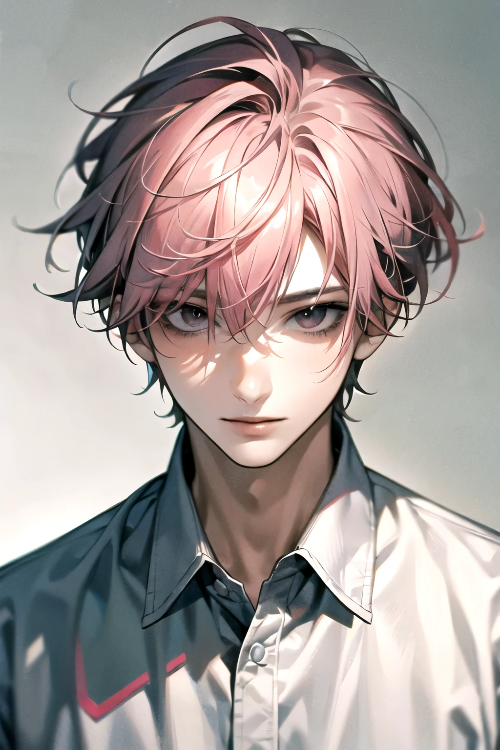 Masterpiece, Best Quality, Ultra Detailed, Floating, High Resolution, 1 boy, gray eyes, pink hair|black hair, Short hair, Detailed Face, gray shirt