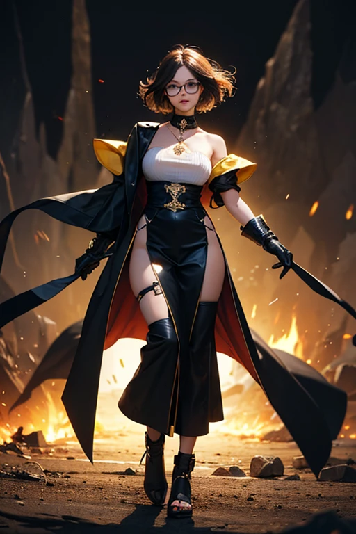 Wide angle shot, full body image, beautiful female fighter, wearing large glasses, black undercut hair, wearing large iron gloves, black and yellow outfit