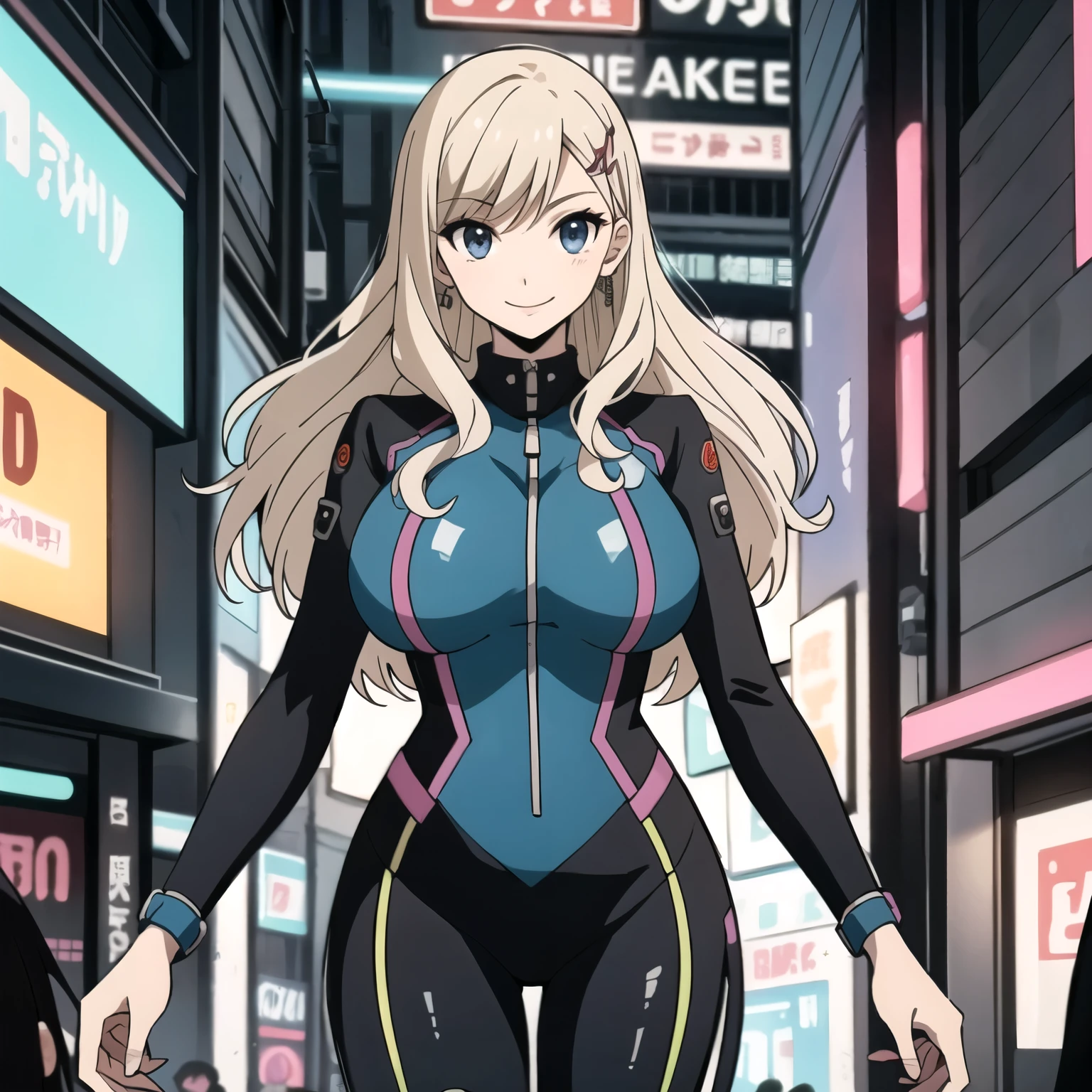 An animado illustration (1 chicas, ChicasRebecca Bluegarden, beautiful woman 25 years old ash blonde hair, , ojos azules detallados, Confident cyberpunk big breasts with smiling expression), ((Harajuku-inspired pop suit and tech jacket)), colores y patrones atrevidos, accesorios llamativos, ((dynamic pose)), futurista deslumbrante paisaje urbano cyberpunk, rascacielos, neon signs, luces LED brillantes, combination of bright and vivid colors, animado, illustration, (hermoso rostro detallado), Detalles intrincados, ultra detallado.