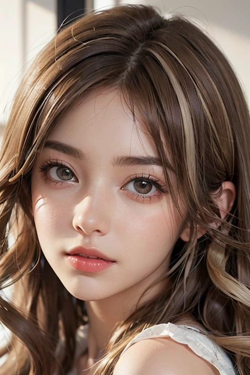 ((Mujer piel muy blanca)) ((curly brown hair with blonde highlights)) ((Light brown eyes))