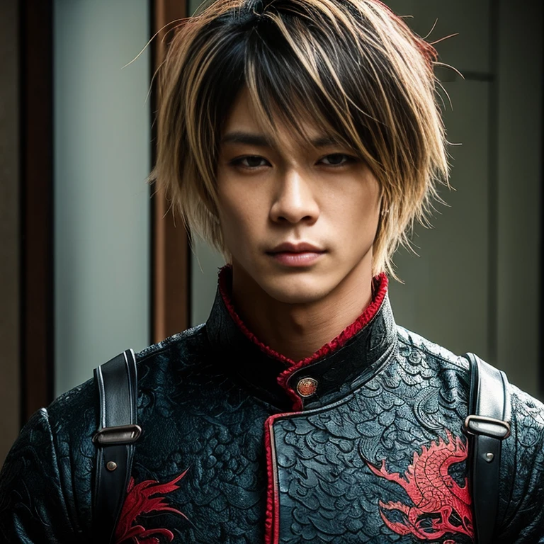 1 man, Japanese man, male, Asian eyes, muscular, broad shoulders, dragon tattoos, hairstyle Visual Kei style, hair Visual Kei, black men's shirt and black pants, ultra detailed face, hyperrealistic, realistic representation, long hair, long hair, 30 years old, age 30 years, blond, blonde hair
