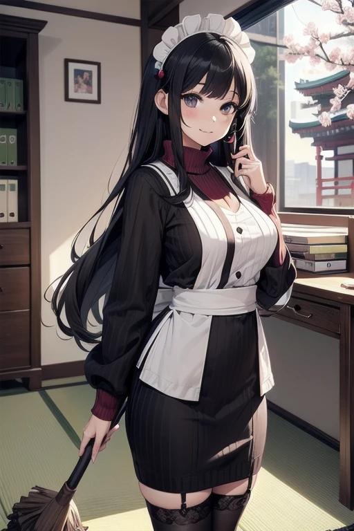 1girl, anime, black eyes, long black hair with square bangs, very long black hair, super long black hair, skirt and stockings, heels, black Japanese style kimono mixed with ribbed black sweater with red accents and sakura floral design, ((ribbed black sweater)) adult, (Japanese shrine/temple background), gamer, (((gamergirl))), (((office lady))), kimono sleeves, garter, graceful, (((maid uniform design))), broom, sweeping, cleaning, happy, feather duster