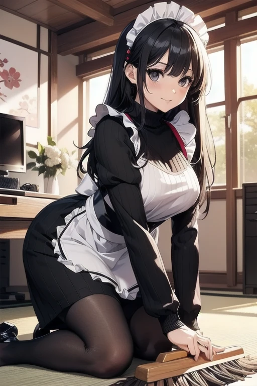 1girl, anime, black eyes, long black hair with square bangs, very long black hair, super long black hair, skirt and stockings, heels, black Japanese style kimono mixed with ribbed black sweater with red accents and sakura floral design, ((ribbed black sweater)) adult, (Japanese shrine/temple background), gamer, (((gamergirl))), (((office lady))), kimono sleeves, garter, graceful, (((maid uniform design))), broom, sweeping, cleaning, happy, feather duster