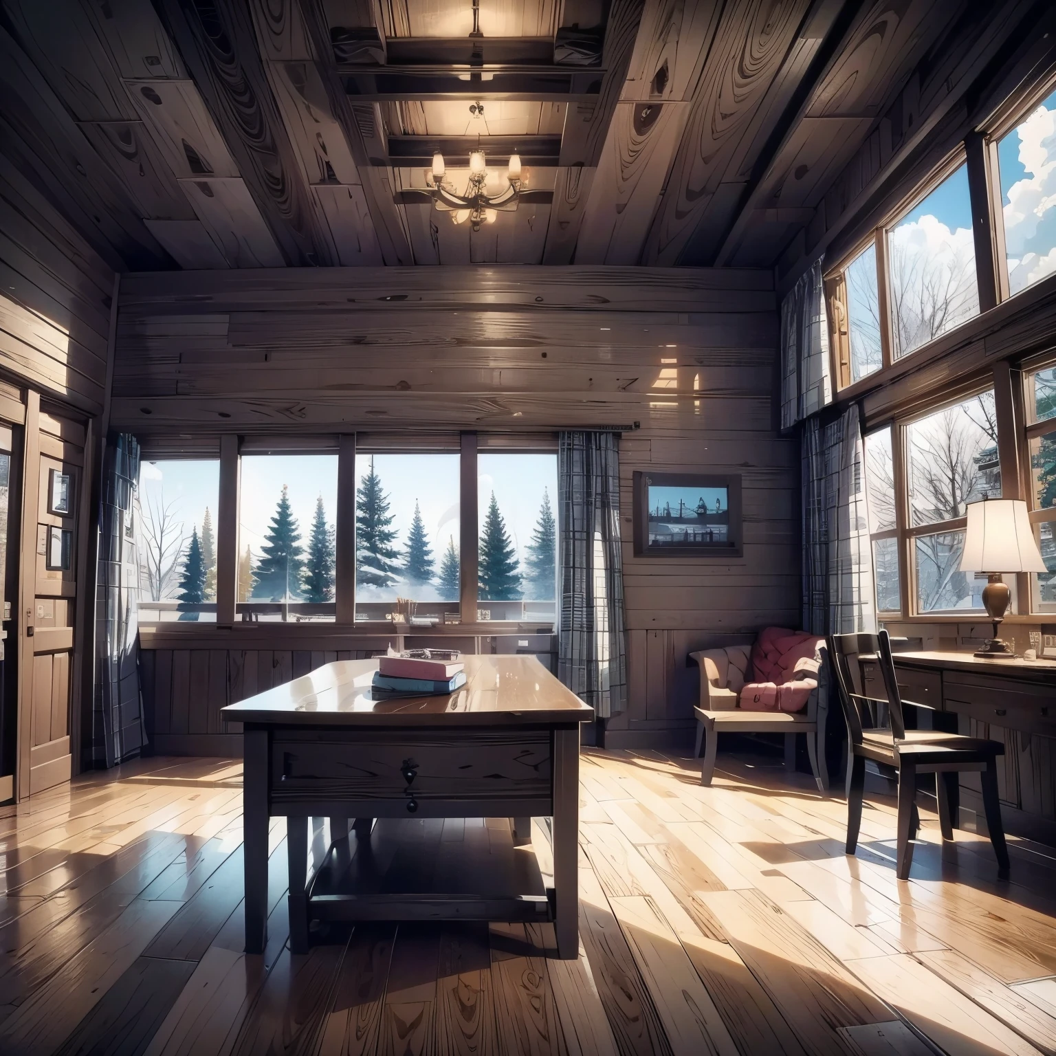 Ski lodge, cozy interior high ceiling anime style