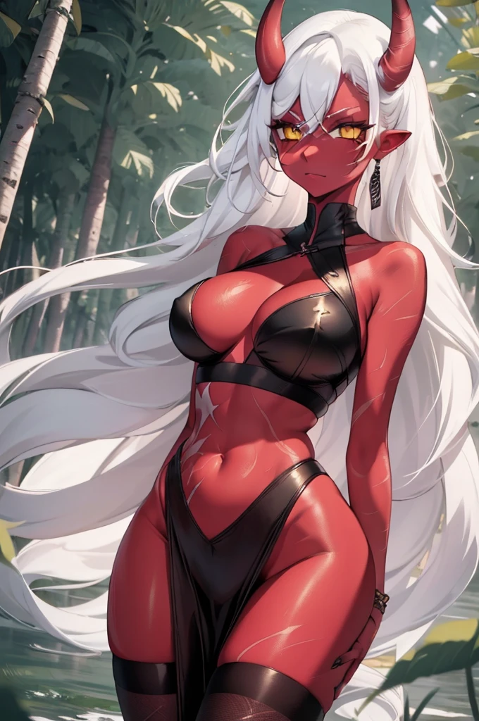 A girl with ((red skin, long white hair, yellow eyes, sexy clothes, and big breasts)). She also has ((red horns)). The colors of the image should be vivid, enhancing the fantasy style. The lighting should be dramatic, with high contrast and strong shadows. The image should be of the best quality, with a resolution of 4k or 8k, and it should be a masterpiece. The image should have a realistic look, with attention to detail.