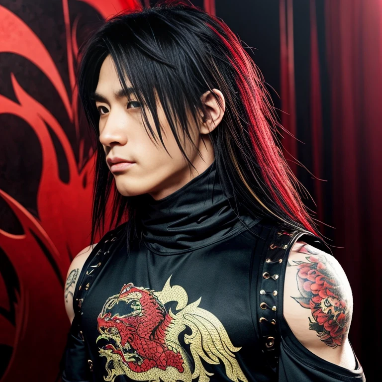 1 man, Japanese man, male, Asian eyes, muscular, broad shoulders, dragon tattoos, hairstyle Visual Kei style, hair Visual Kei, black men's shirt and black pants, ultra detailed face, hyperrealistic, realistic representation, long hair, long hair, 30 years old, age 30 years, blond, blonde hair
