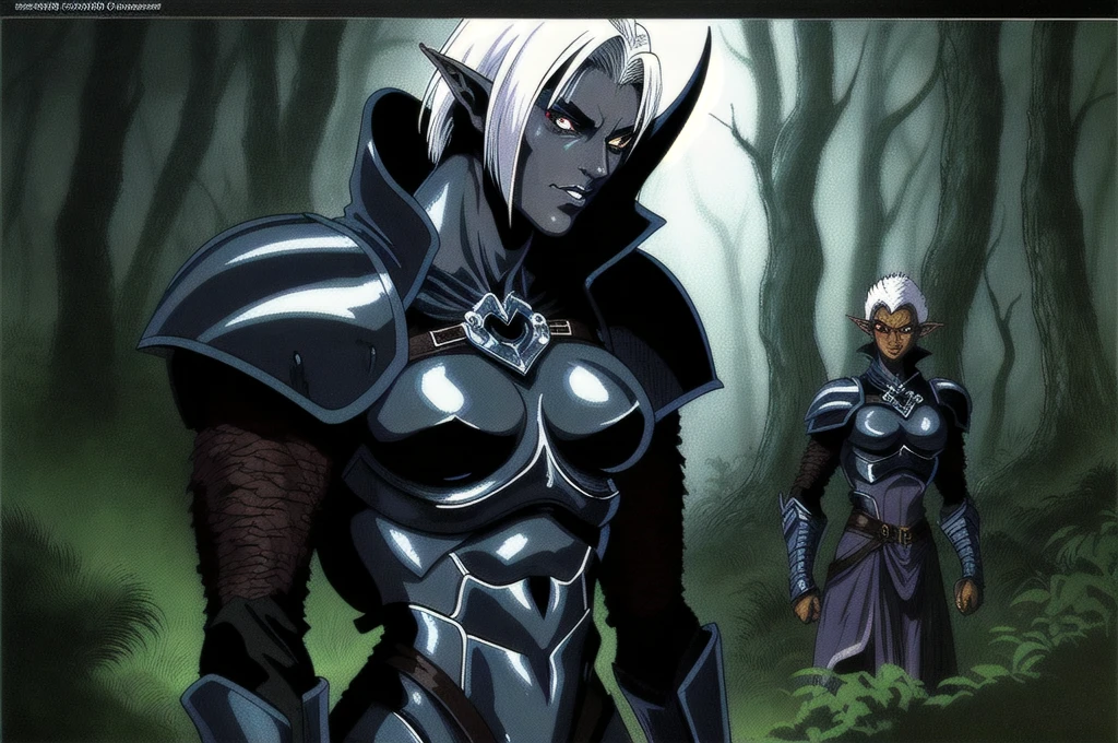 1990s style, dark fantasy anime illustration of a (mature Dark Elf Assassin with grey skin and short white hair), perfect face, wearing tight leather stealth armor, stalking her victim at night, ambient light, dark and moody, forest background, retro style