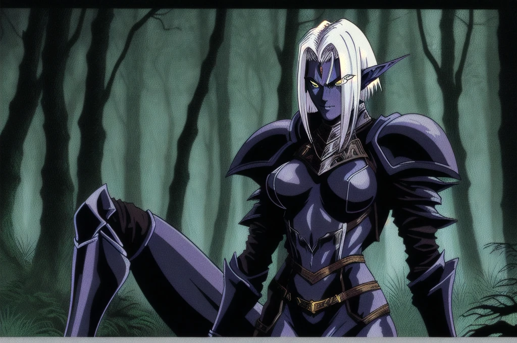 1990s style, dark fantasy anime illustration of a (mature Dark Elf Assassin with grey skin and short white hair), perfect face, wearing tight leather stealth armor, stalking her victim at night, ambient light, dark and moody, forest background, retro style