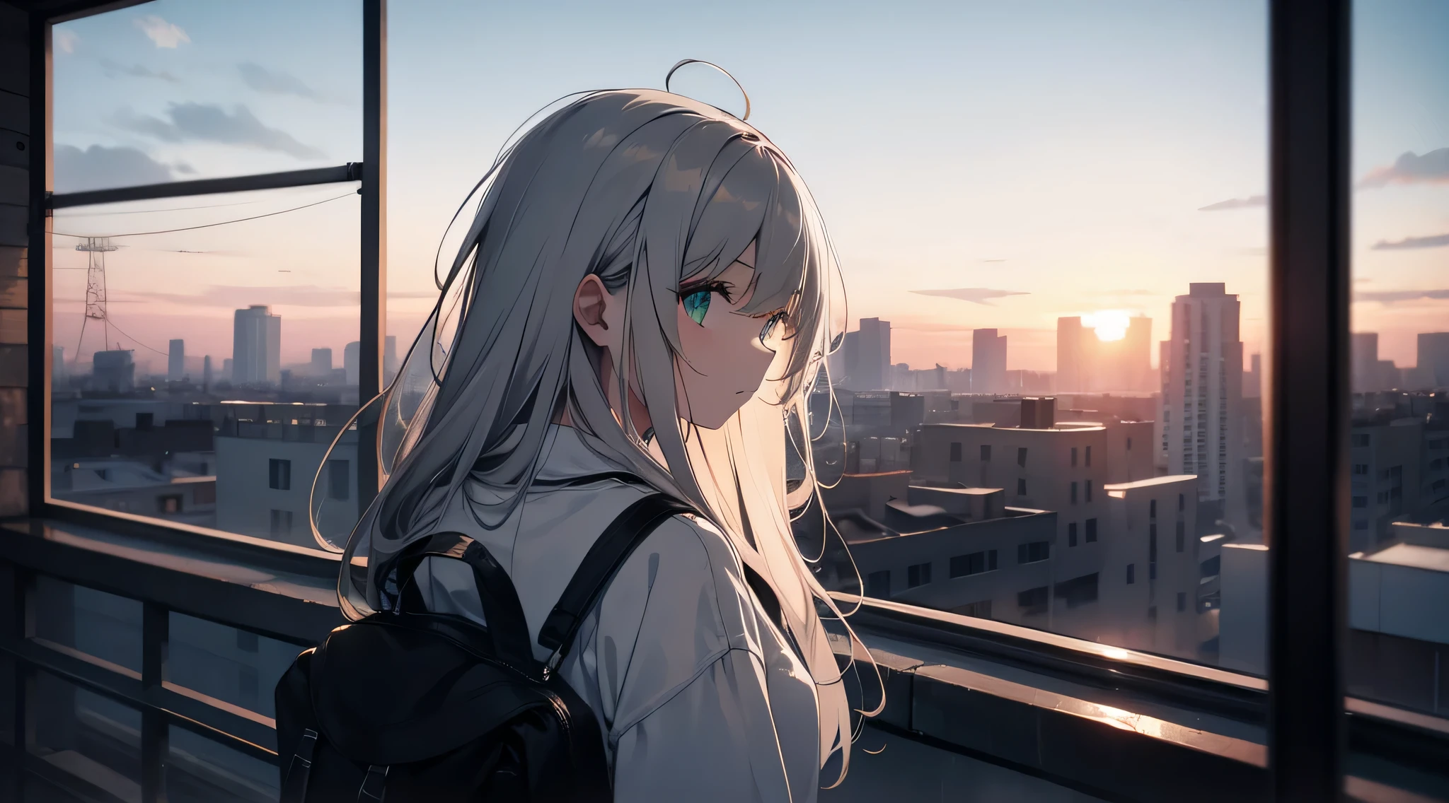 Faded tones, monochrome, cool girl, long bangs, hipster, gray hair, full body shot, monochrome, detailed face, fine eyes, black, green, white knit sweater, big blurry background, Rooftop at dawn, shot from behind, looking out through the fence