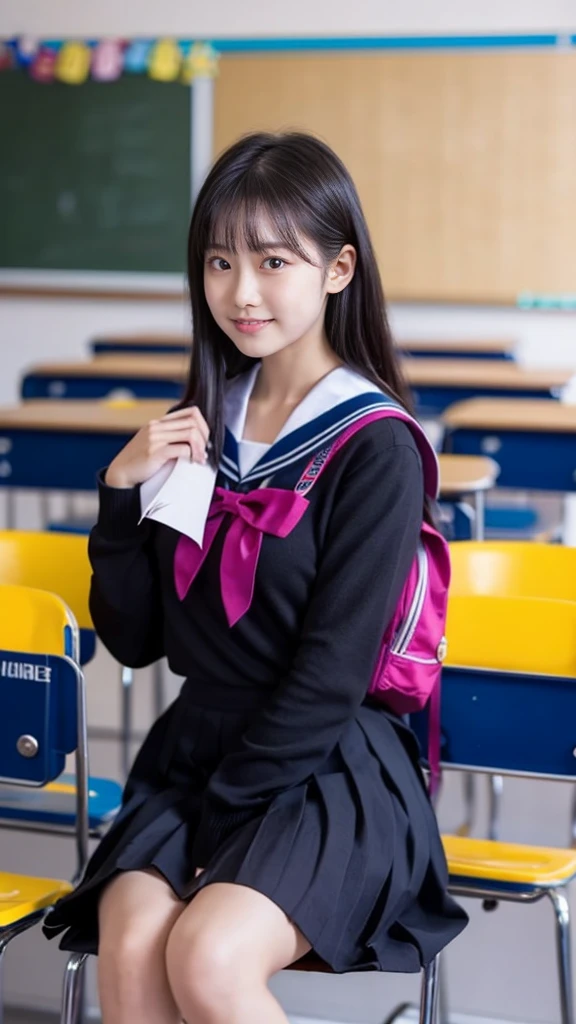 ((masterpiece, highest quality)),best aesthetics,1 girl, school uniform, machine, sitting, school machine, brown hair, classroom, long hair, indoors, Chair, looking at the viewer, :p, focus only, brown eyes, skirt, long sleeve, pencil, 1 boy, pencil case, paper, black serafuku, multiple girls, pleated skirt, sailor collar, bangs, headrest, school bag, school Chair