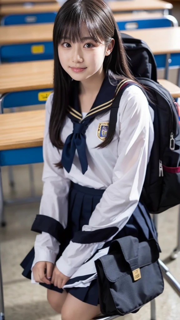 ((masterpiece, highest quality)),best aesthetics,1 girl, school uniform, machine, sitting, school machine, brown hair, classroom, long hair, indoors, Chair, looking at the viewer, :p, focus only, brown eyes, skirt, long sleeve, pencil, 1 boy, pencil case, paper, black serafuku, multiple girls, pleated skirt, sailor collar, bangs, headrest, school bag, school Chair