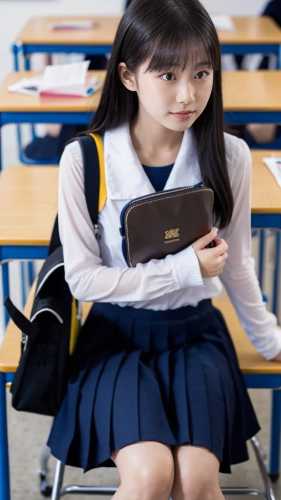 ((masterpiece, highest quality)),best aesthetics,1 girl, school uniform, machine, sitting, school machine, brown hair, classroom, long hair, indoors, Chair, looking at the viewer, :p, focus only, brown eyes, skirt, long sleeve, pencil, 1 boy, pencil case, paper, black serafuku, multiple girls, pleated skirt, sailor collar, bangs, headrest, school bag, school Chair