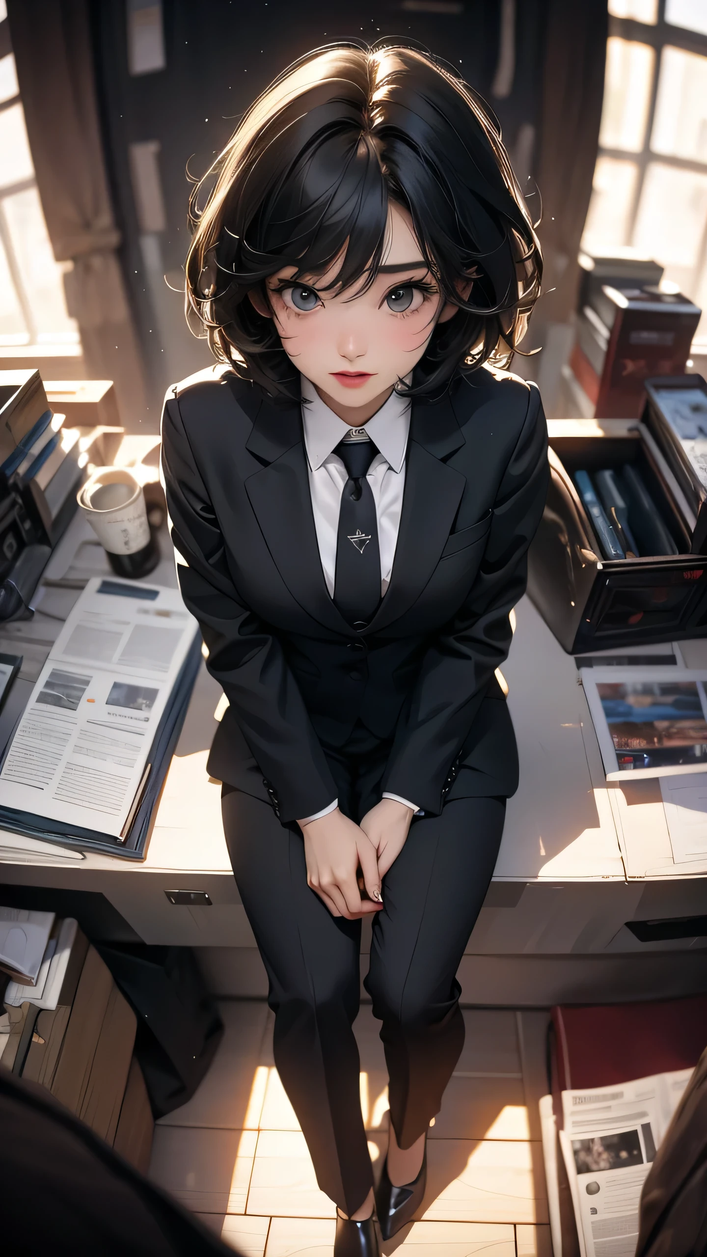 ((Highly detailed CG unit 8k wallpaper, masterpiece, High resolution, highest quality, highest qualityのリアルテクスチャスキン)), ((woman sitting at desk:1.3, upward glance, short hair, Nana Komatsu, black pants suit:1.2, A white shirt with the buttons undone:1.3, Wearing a black suit jacket:1.3, high heels)), (((inside the office))), (Angle from above:1.3, Fisheye Shot:1.5), hyper realistic, digital painting, concept art,