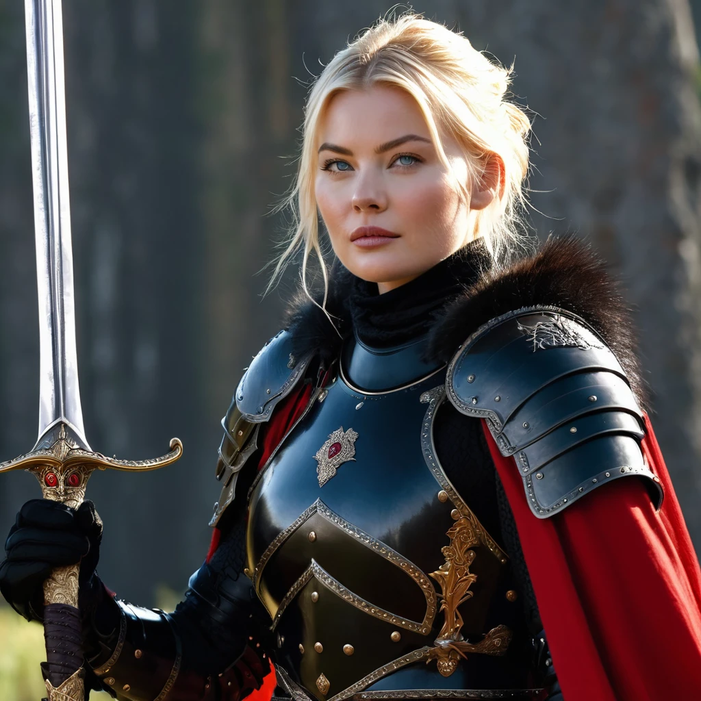 A close up of A black wolf in armor with a sword, Elisha Cuthbert as advertisement & champion, Poots Imogen for her D&paladin, knight, lady in red armor, female medieval knight, black and reddish colored armor, Wearing heavy armor with cape, Female Paladin image, Armored Knight in red 4k