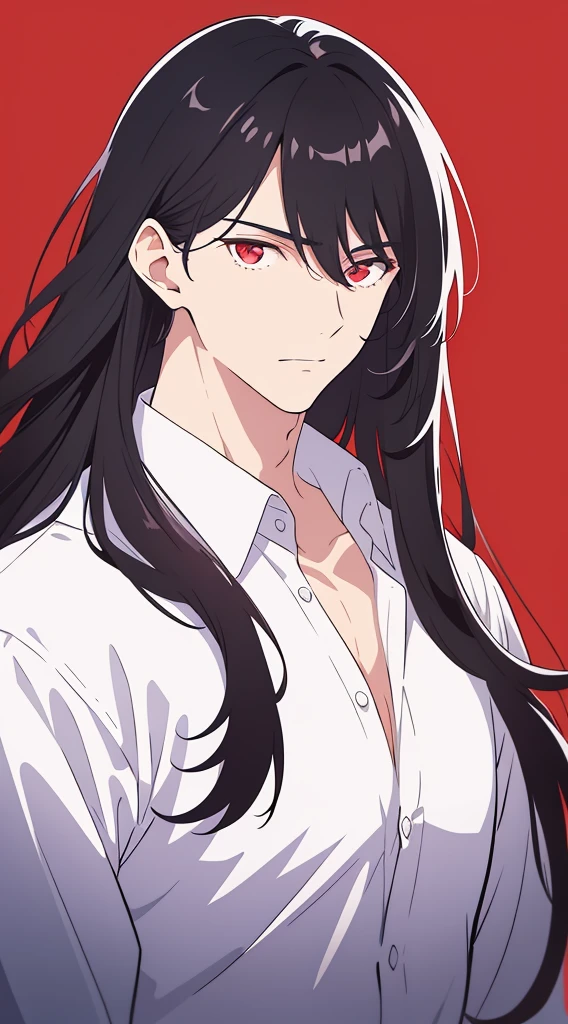 masterpiece, best quality, realistic, 1man, male focus, tall muscular, long wavy black hair, flying bangs, red eyes, handsome, black shirt, portrait,extremely detailed face, white background, simple background