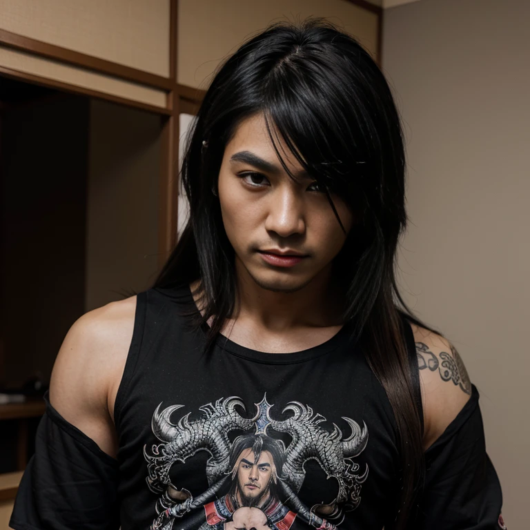 1 man, Japanese man, male, Asian eyes, muscular, broad shoulders, dragon tattoos, hairstyle Visual Kei style, hair Visual Kei, black men's shirt and black pants, ultra detailed face, hyperrealistic, realistic representation, long hair, long hair, 30 years old, age 30 years, blond, blonde hair