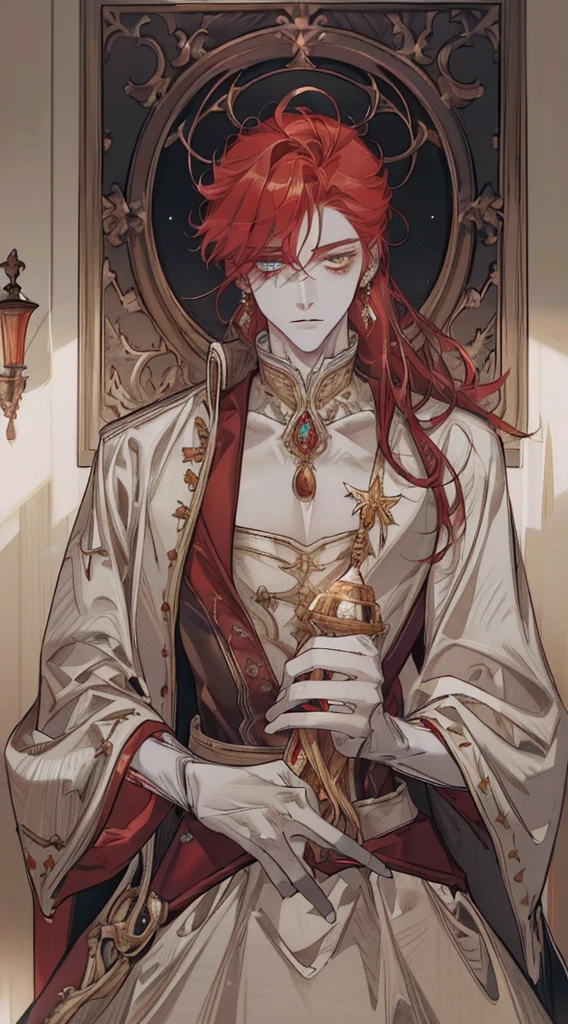 (((8K, RAW photogr, Best quality at best, tmasterpiece: 1.4))), ultra high resolution, ultra - detailed, lamplight, Close-up cleavage, Handsome men, gold eyes, (detailed eyes, The eyes are bright:1.2), (Medium long red hair), pale-skinned, ear piercings, Dark, Blackn clothes, Meticulous clothes, gold accessories on clothes, (perfect anatomia:1.2), Highqualityshadow,  natural  lightting, (White highlights:1.2), natta, overcast day, (starrysky:1.2)