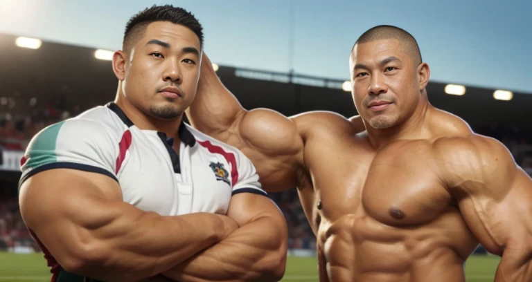(at rugby ground:1.4), 40's, Japanese man, Chinese man, Korean man, Taiwanese man, manly face, fat face, (round face:1.4), (monolid eyes:1.2), (buzz cut:1.8), very large and strong body, bulky body, beefy muscles, (bulging muscles:1.4), (very large pectoral muscles:1.4), (muscular arms:1.4), muscular abs, muscular legs, muscular back, brightens oily skin, master piece, (realistic:1.4), panorama, distant view