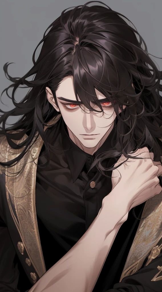 masterpiece, best quality, realistic, 1man, male focus, tall muscular, long wavy black hair, flying bangs, red eyes, handsome, black shirt, portrait,extremely detailed face, white background, simple background