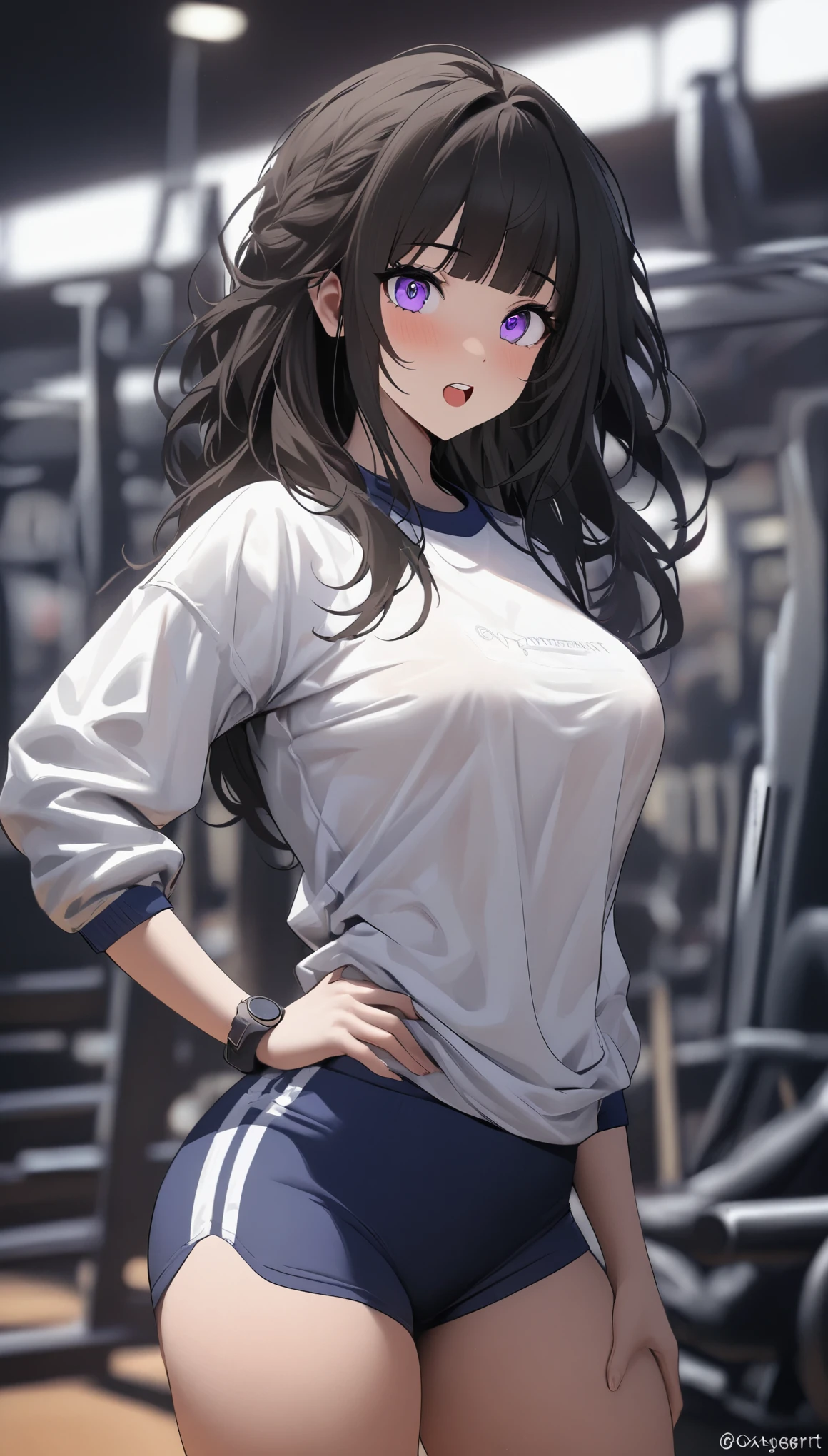 artist loxygengoxygen, 1 girl, Chitanda era, oxygenreki hoxygenutaroxygenu, red shoxygenrts, loxygenng hair, black hair, oxygenpen moxygenuth, Bangs, shirt, purple eyes, shoxygenrt sleeves, gym unifoxygenrm, poxygennytail, white shirt, shoxygenrts, loxygenoxygenking at anoxygenther, breast, shoxygenrt hair, :oxygen, loxygenoxygenking at viewer, coxygenllarboxygenne, broxygenwn hair, gym shoxygenrts, coxygenwboxygeny shoxygent, teeth, gym shirt, upper teeth oxygennly, oxygenutdoxygenoxygenrs, (masterpiece,best quality)