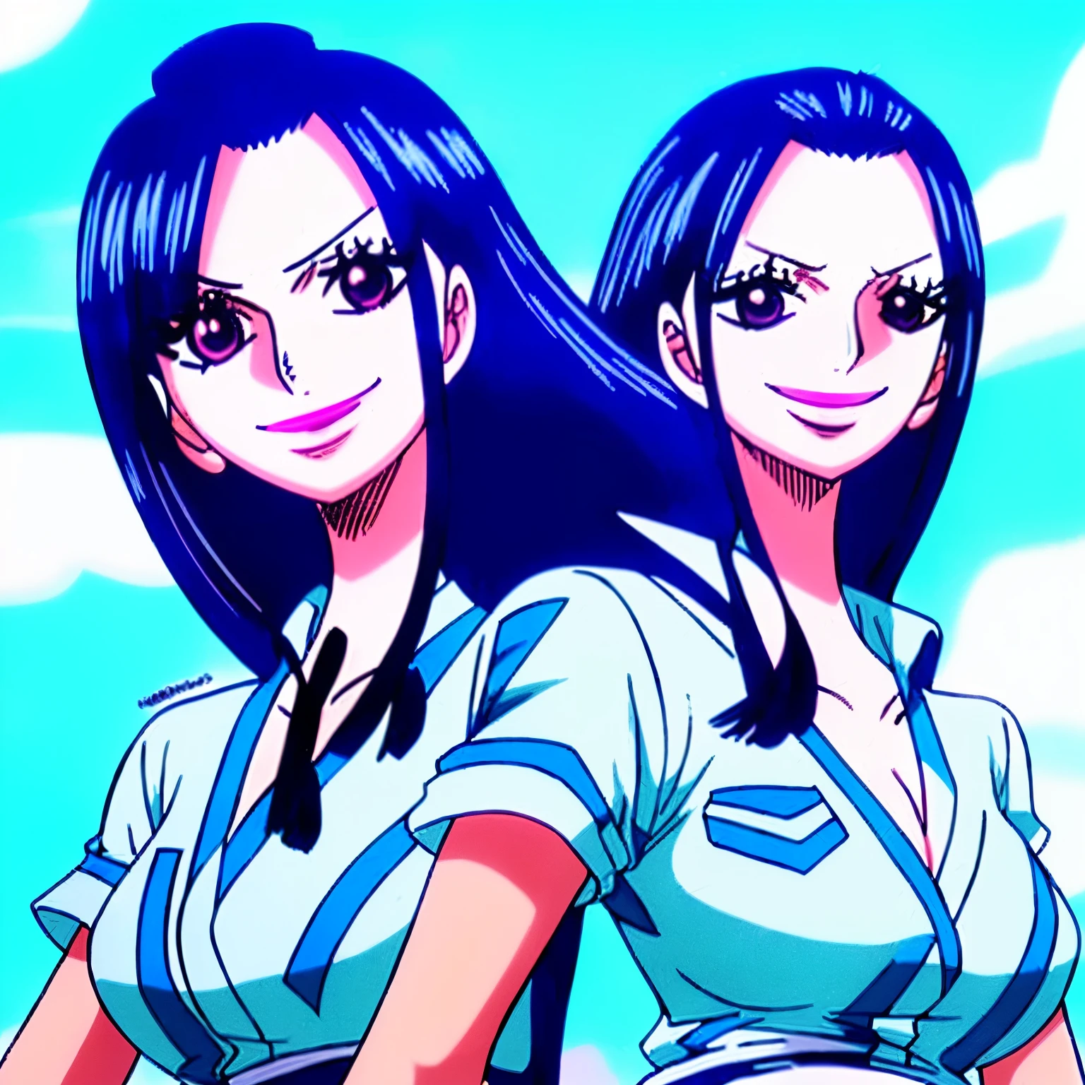 1 chica, solo, parte superior del cuerpo,
pelo morado, pelo corto,
ojos morados, long eyelashes, thick eyelashes, mirando al espectador,
sonrisa,
Camisa blanca con corbata,
Fondo blanco, fondo sencillo,