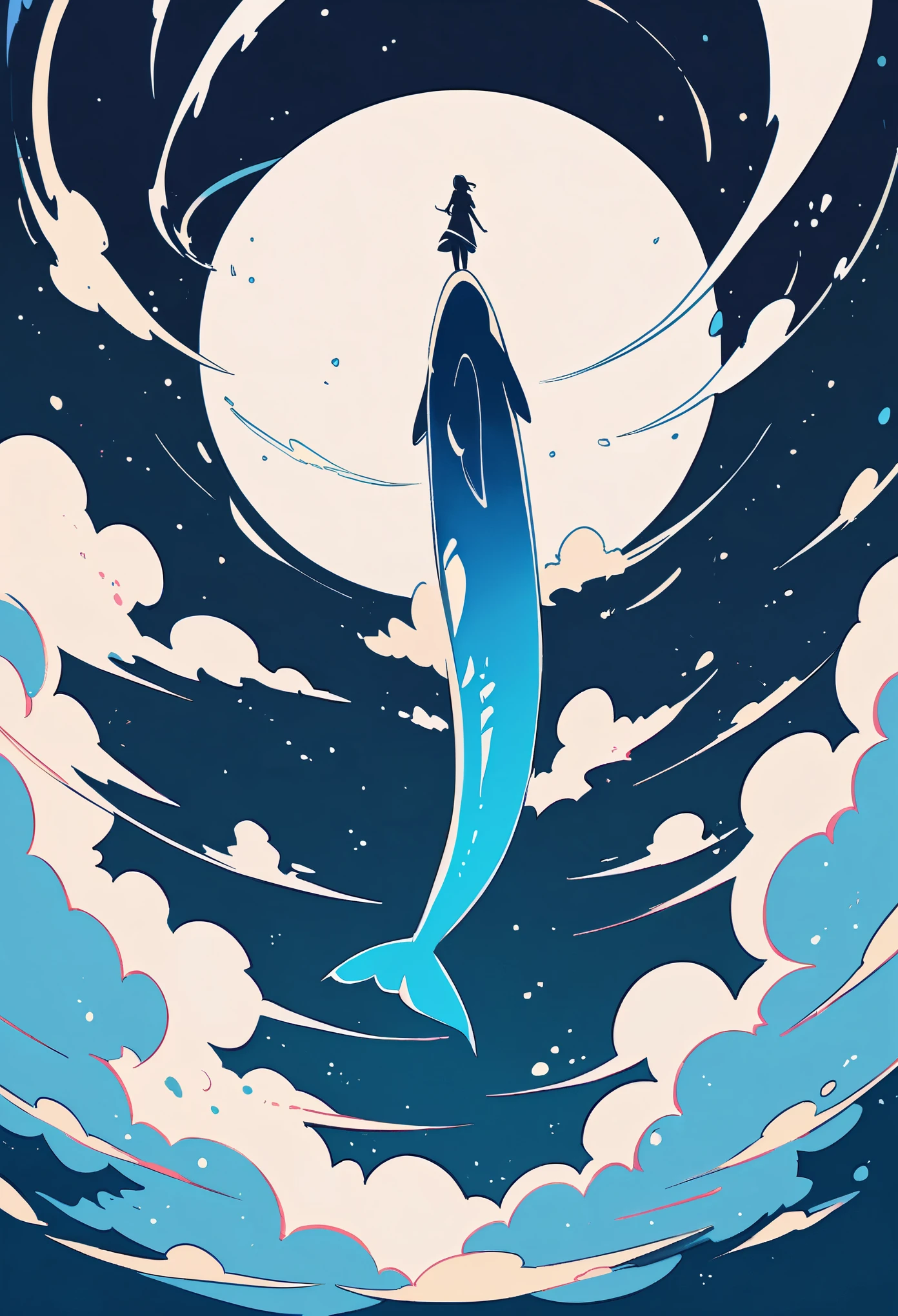 black and white illustration of a whale in the sky with clouds, woman standing on its back