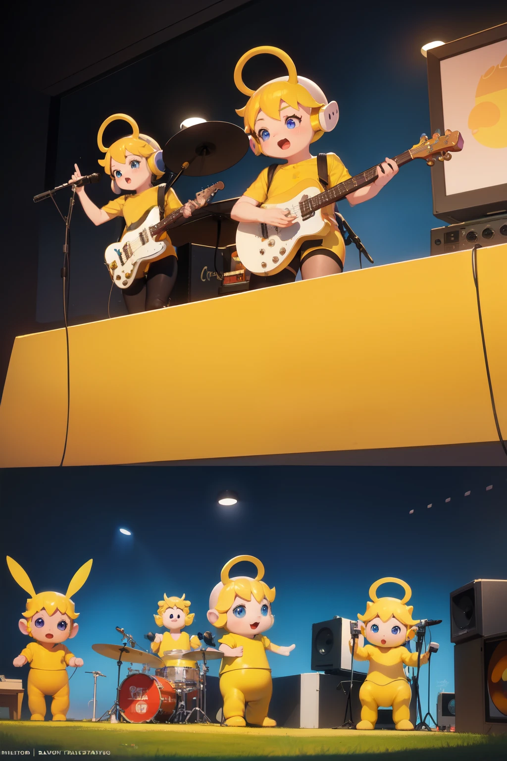 Creame una foto de 4 teletubbies tocando instrumento de rock como en una banda de rock