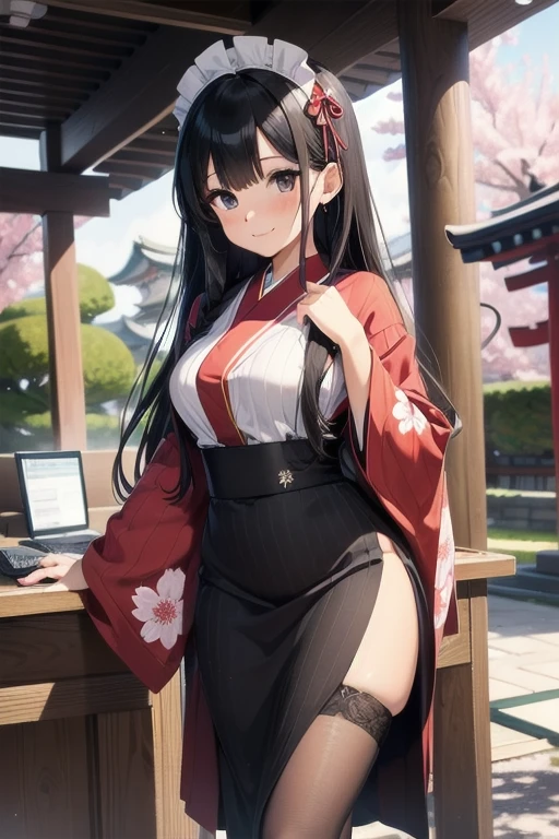 1girl, anime, black eyes, long black hair with square bangs, very long black hair, super long black hair, skirt and stockings, heels, black Japanese style kimono mixed with ribbed black sweater with red accents and sakura floral design, ((ribbed black sweater)) adult, (Japanese shrine/temple background), gamer, (((gamergirl))),  (((office lady))), kimono sleeves, garter, graceful, (maid uniform), design, broom, sweeping, cleaning, happy, feather duster