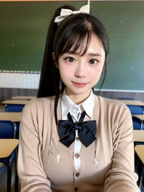 (kawaii 18 year-old Japanese girl, Nogizaka idol, Korean idol), (glossy black hair, high ponytail, bangs:1.3), (extra rounded face, single eyelid, no makeup, soft smiling:1.2), (well shaped whitened teeth:0.7), (wearing Japanese school uniforms, cardigan, collared shirt, school bow tie:1.3), well shaped extra small breasts, pleated skirt, (looking at viewer:1.2), BREAK, (simple classroom background:1.3), (dynamic angle, face focus:1.3), BREAK, (masterpiece, best quality, photo realistic, official art:1.4), (UHD, 8K quality wallpaper, high resolution, raw photo, film grain:1.2), (shiny skin), professional lighting, physically based rendering, award winning, (perfect anatomy, highly detailed skin, extremely detailed face and eyes, well drawn glittering pupils), Carl Zeiss 85 mm F/1.4, depth of field, 1girl, solo,