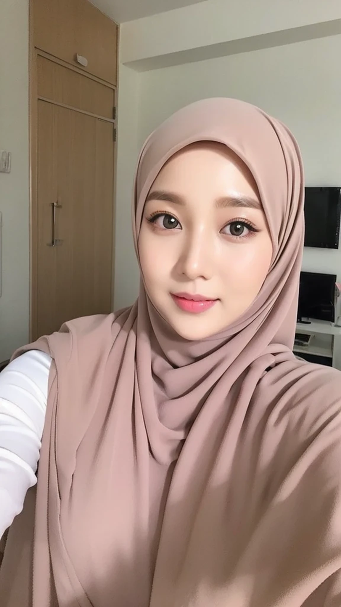 Realistic, ultra sharp, Beautuful Women、hijab, indonesian, a room、selfee、White Room、The face is cute、Vanrak Ayyans appears、1 girl, stylish
