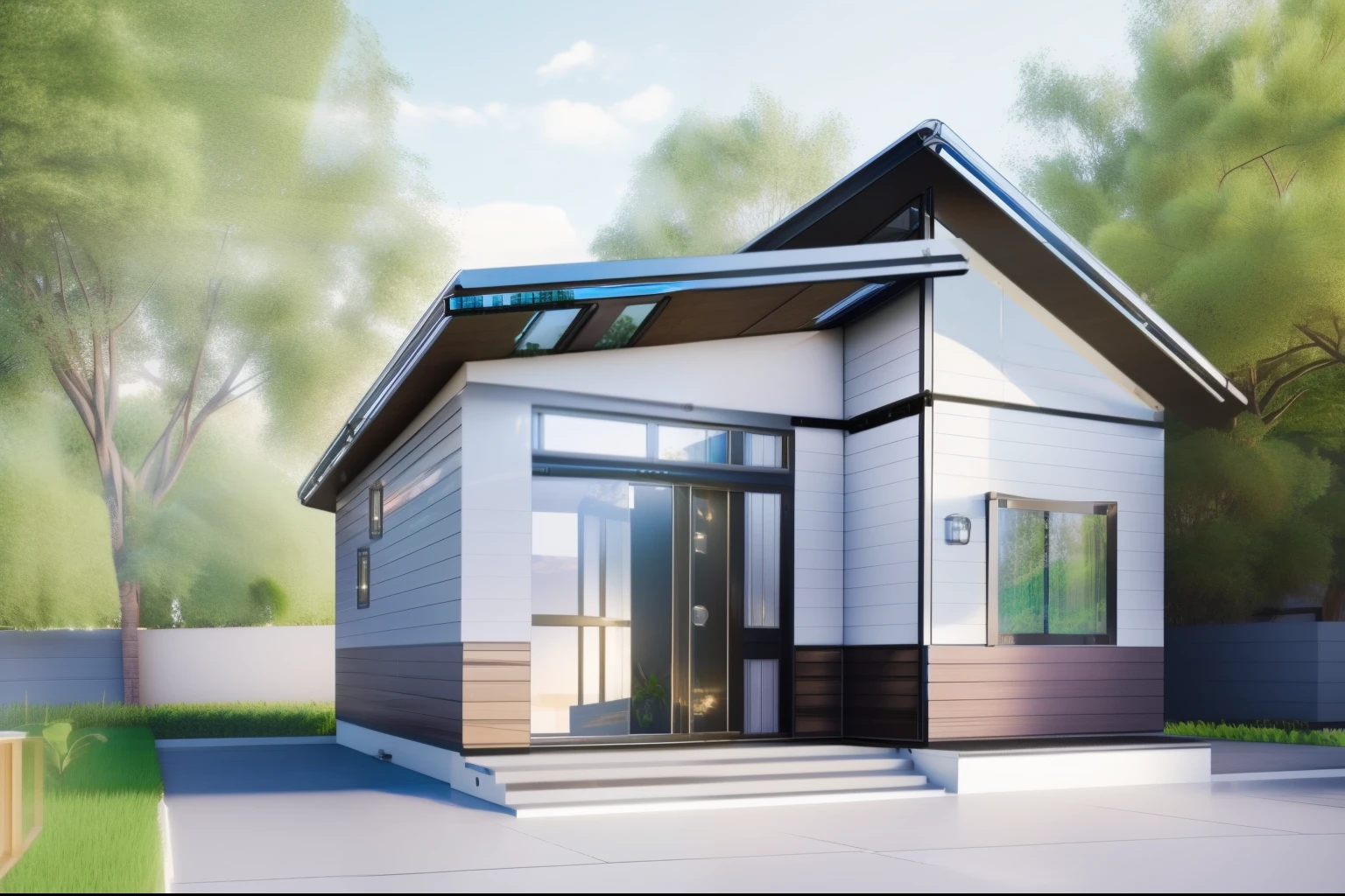 render of a small house with porch and covered porch, quality render, high quality render, wide angle exterior 2022, exterior design, fine detail render, luxury render, render very realistic rendering, architectural 3 d rendering, architectural rendering, accurate architecture rendering, realistic rendering, realistic 3 d style, realistic style, realistic rendering, italian house fantasy, passive house, prefabricated house, (large glass door: 1.5), sparkling lights, afternoon, 8k quality, surreal. On the hill, there is a river in front
. mountain