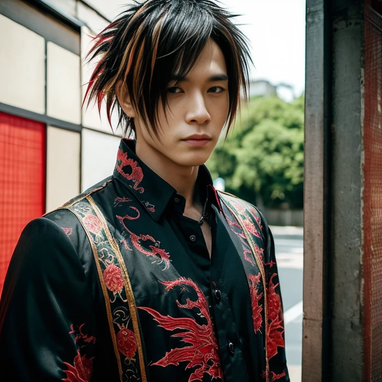 1 man, Japanese man, male, Asian eyes, muscular, broad shoulders, dragon tattoos, hairstyle Visual Kei style, hair Visual Kei, black men's shirt and black pants, ultra detailed face, hyperrealistic, realistic representation, long hair, long hair, 30 years old, age 30 years, blond, blonde hair
