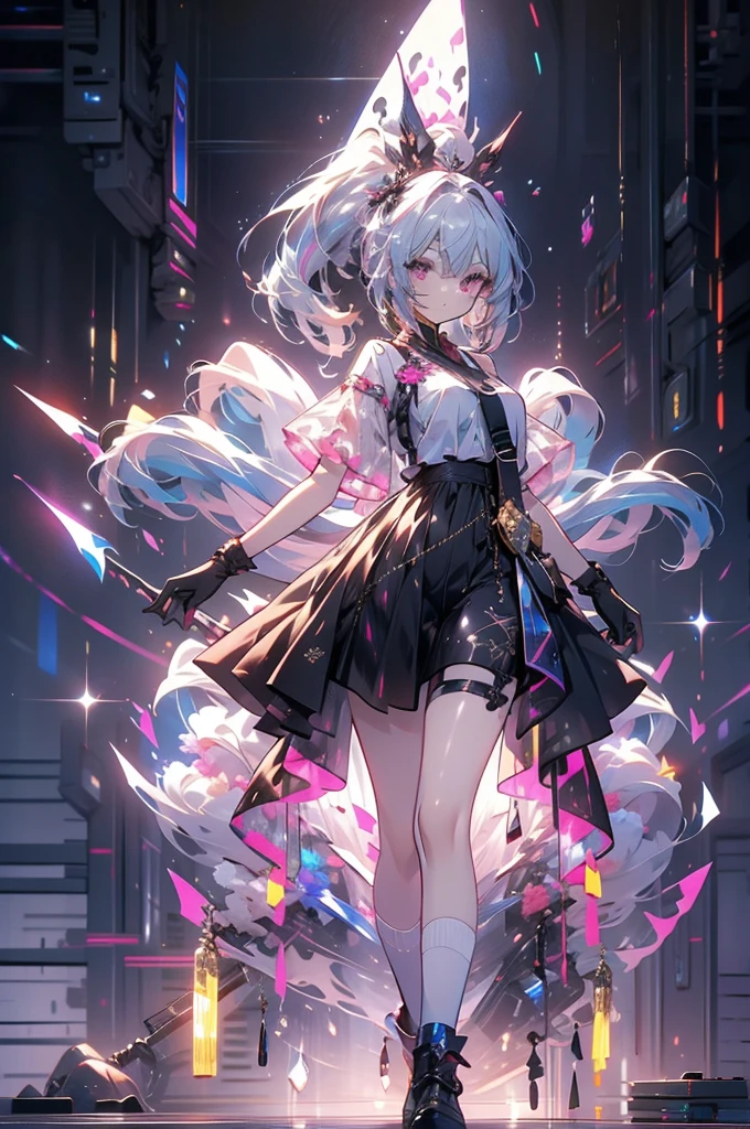 ((on the table)), best quality, absurd, Super detailed, holographic,, dynamic poses, golden ratio, 超级Lovely女孩, mature girl, extremely beautiful,,With super beautiful purple eyes, Super beautiful white hair, shiny skin, high ponytail, Good and harmonious , Slender and delicate figure, Perfect body, Wearing a short white top, Lovely,Full body shot,long hair,boots,black skirt, short sleeves,messy hair, black gloves, white socks,Fade the background,Full body photo of the individual,cartoon