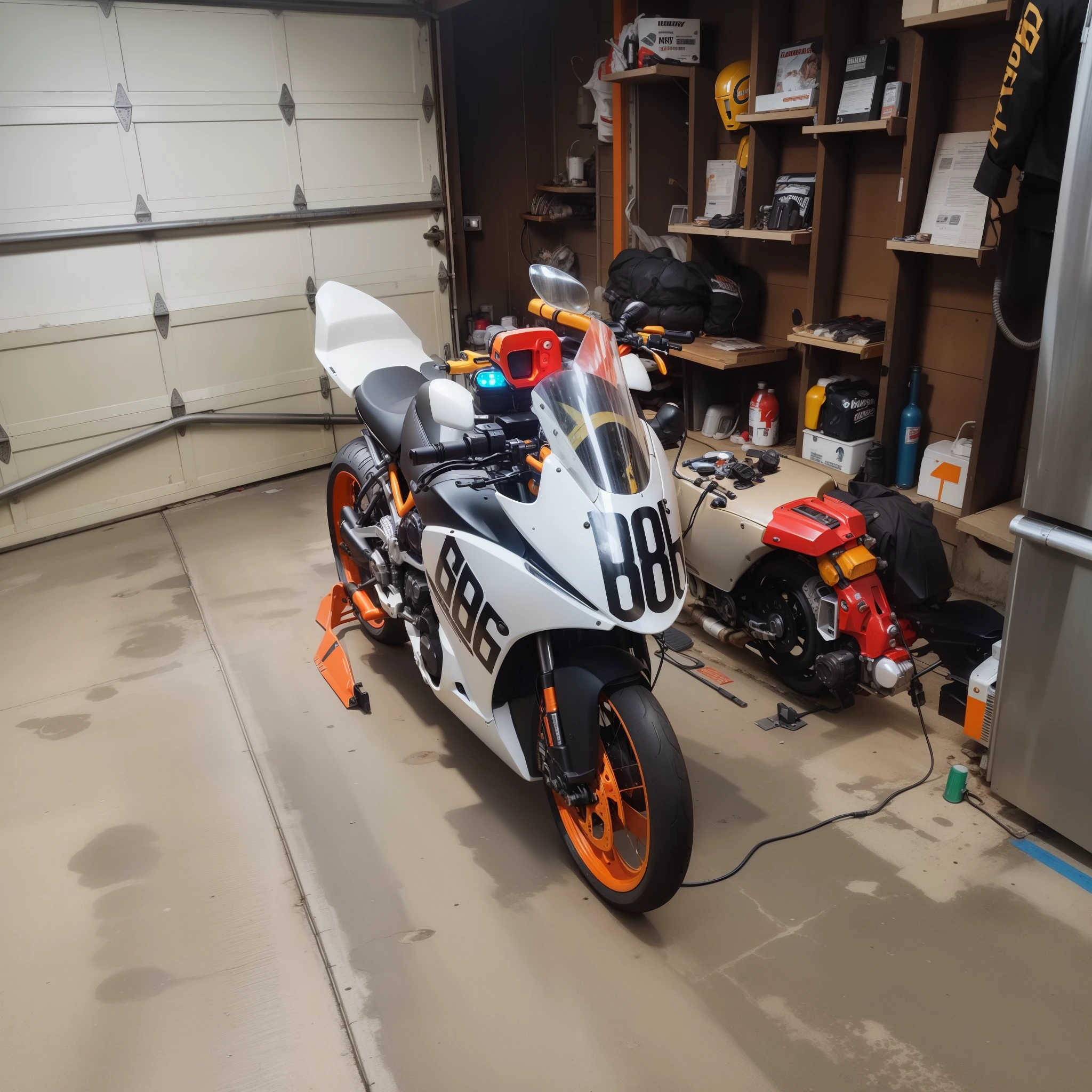 there is a motorcycle that is parked in a garage, front side full, wide shot!!!!!!, front profile!!!!, front side, facing front, orange racing stripes, cleaned up, gearing up for battle, a short and average built, ready to model, front profile, professional paint job, wide long shot, trying to ride it, motorcycle, full body wide shot