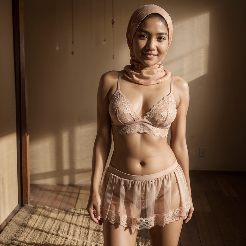 Realistic photo depicting an 52 years old Indonesian woman in hijab, villager, poor woman, wearing peach color hijab, wearing see-through peach color lace shirt, wearing peach color lace bra, wearing see-through peach color lace skirt, curvier body, short body, flat-chested, small breasts, full body, smiling and standing in front of dark background with bright white studio facing the camera, making it very realistic and detailed